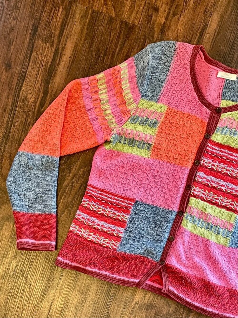 Vintage 1990s Colorful Hand Knit Patchwork Embroidered 3D Knit Cardigan Sweater - Picture 6 of 13